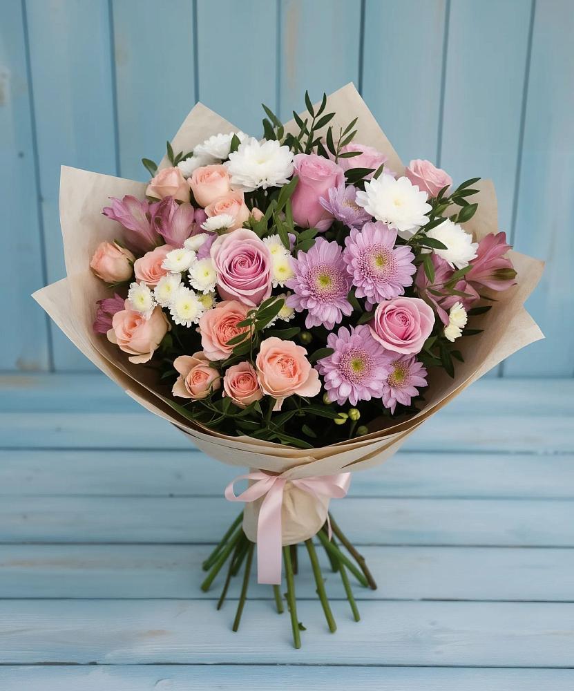 Букет цветов из: Хризантемы, Розы и Альстромерии в Зубово