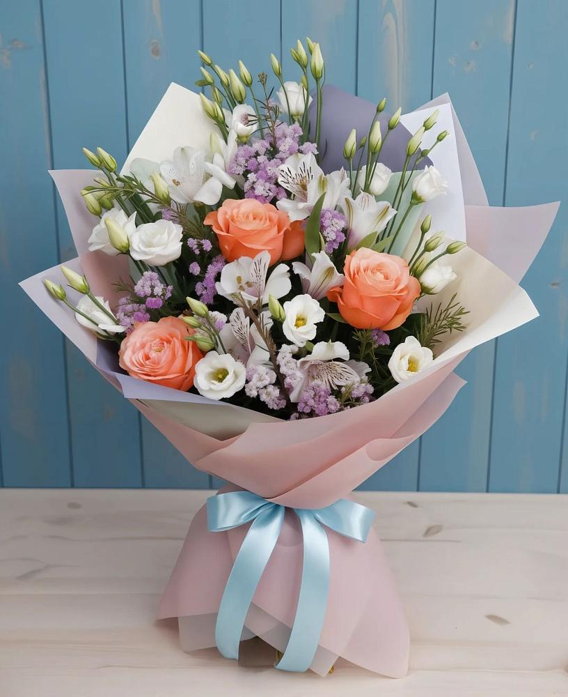 Букет цветов из: Лизиантусы, Розы, Альстромерии и Гипсофила в Зубово